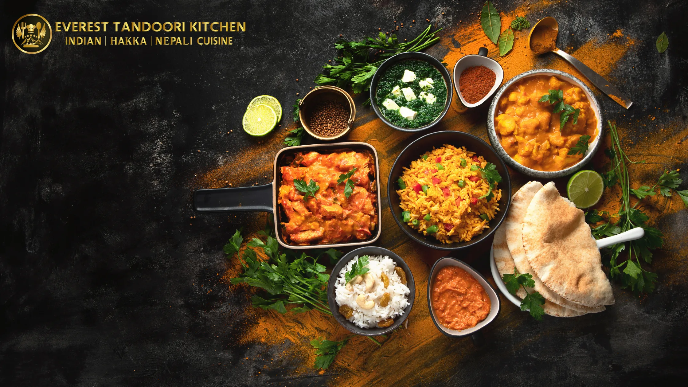 Assorted Indian, Hakka, and Nepali dishes including curries, rice, naan, and tandoori at Everest Tandoori Kitchen in St. Catharines.